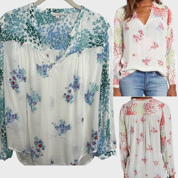 Lucky Brand Tops - Lucky Brand Floral Mixed Media Peasant Blouse Blue Green Size Small